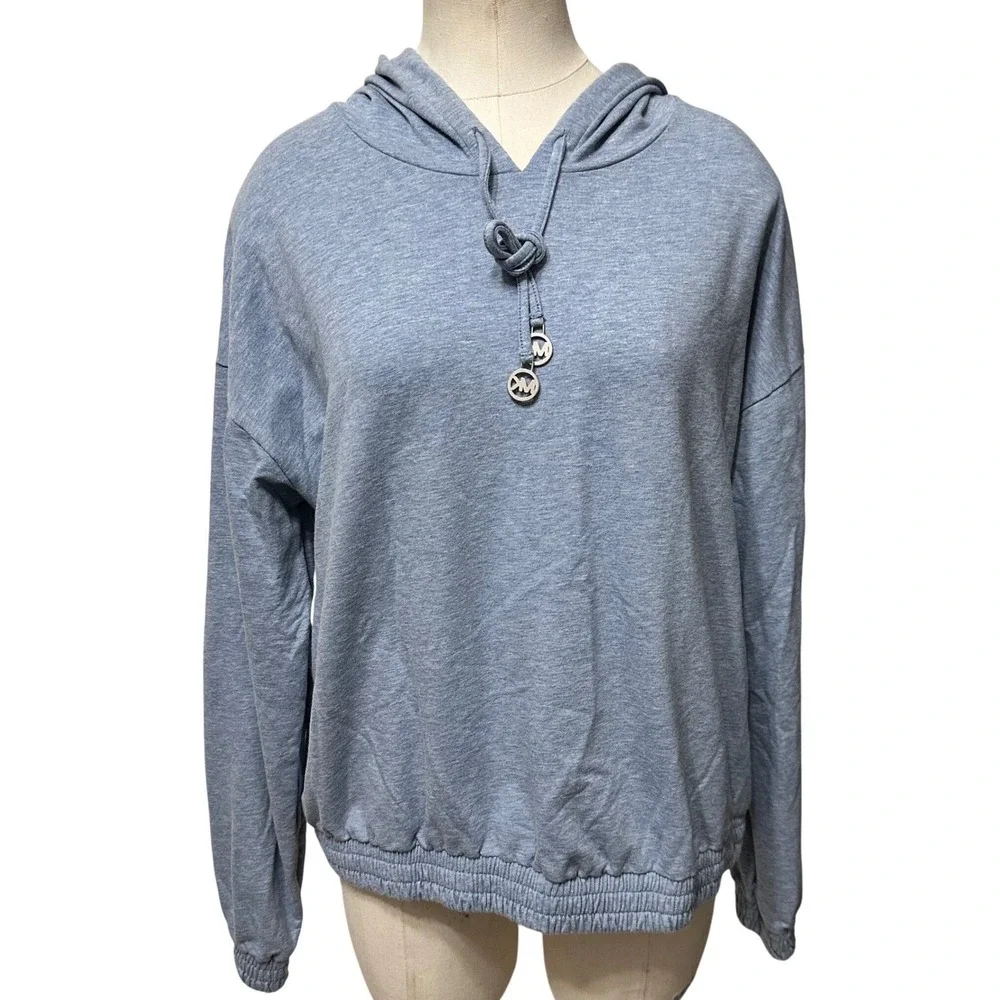 Michael Kors Hoodie Womens Large Blue Heathered Logo Aglet Elastic‎ Hem Pullover